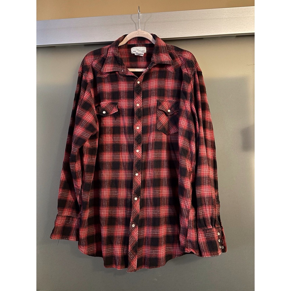 WRANGLER WRANCHER Long Sleeve Plaid Pearl Snap Shirt Size 2XT 2XL‎ Tall Red